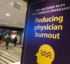 A sign for reducing physician burnout, which was one of the top priorities at the American Medical Association (AMA) 2022 House of Delegates meeting. Photo by Dave Fornell
