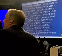 AMA Board of Trustees member Scott Ferguson, MD, a diagnostic radiologist, offers comment during the discussion on one of several policies to further curb gun violence. #AMA #AMAmtg #AMA175