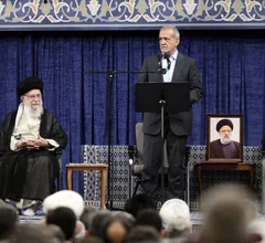 Dr. Masoud Pezeshkian speaking at the endorsement ceremony for Iranian president this week, with Iran's Supreme Leader Ayatollah Ali Khamenei. Photo courtesy off the Government of the Islamic Republic of Iran