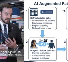 Andriy Vengrenyuk, MS, senior data analyst for interventional cardiology at the Icahn School of Medicine at Mount Sinai, explains a pilot program where artificial intelligence (AI) virtual agents call patients prior to their cath lab procedures to save nursing staff time doing administrative tasks.