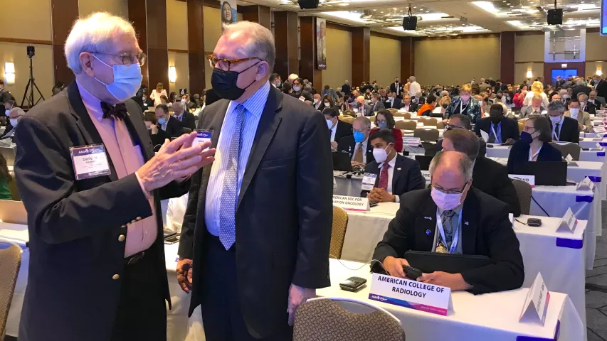 Members of the American College of Radiology (ACR) delegation talk prior to the start of the AMA House of Delegates Monday. #AMA #AMA22 #AMA2022 #AMA175 #AMAmtg