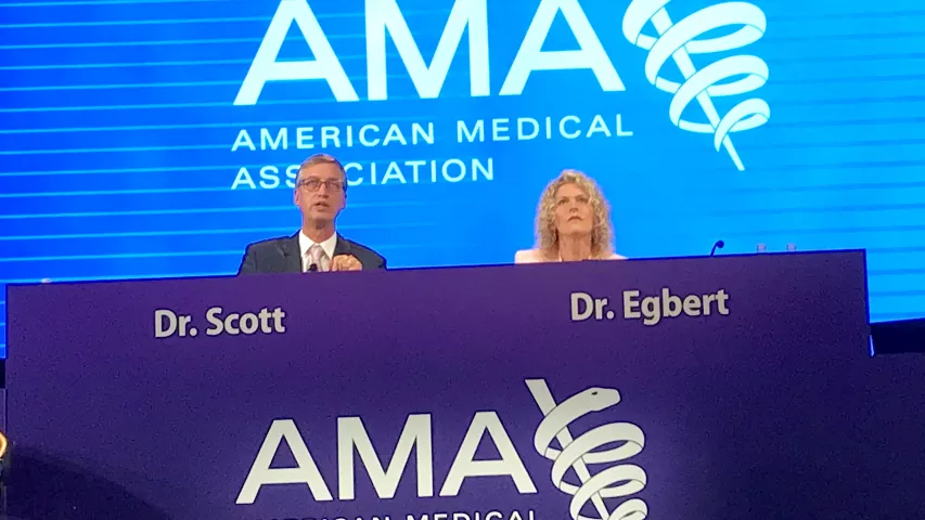 Speaker of the AMA House of Delegates Bruce A. Scott, MD, a specialist in otolaryngology, and Vice Speaker Lisa Bohman Egbert, MD, a specialist in obstetrics and gynecology leading the house discussion on scores of new AMA policy resolutions at the 2022 meeting in Chicago. #AMA #AMA22 #AMA2022 #AMA175 #AMAmtg