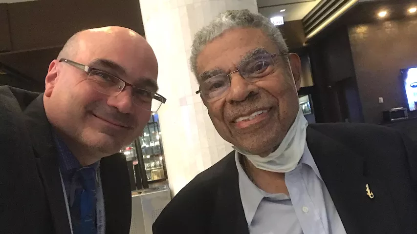 Former AMA president Lonnie Bristow, MD, a retired internal medicine specialist, and Health Exec Digital Editor Dave Fornell, at the 2022 AMA House of Delegates meeting in Chicago. Bristow advocated at the meeting for the AMA to support gun control legislation and other provisions that can address what many doctors at the meeting called a healthcare epidemic of gun violence. AMA #AMA22 #AMA2022 #AMA175 #AMAmtg