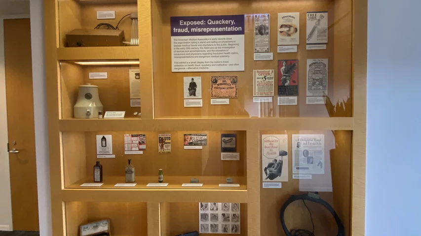 Display case of quackery, snake oil, medical frauds at the AMA headquarters.