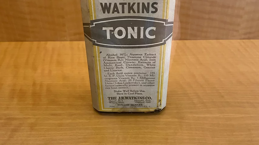 Watkins Tonic claimed to be a vitamin supplement-when in fact it was tied to an earlier tablet product that contained alcohol and opium. The tonic was dangerous when taken in high quantities. The tonic was manufactured between 1926 to 1966.Part of quackery, snake oil, medical frauds display at the AMA headquarters.