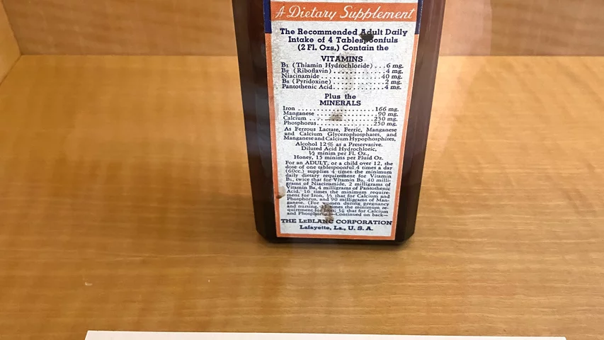 Hadacol was a dietary supplement and a general cure-all that contained 12% alcohol, which enabled it to become a successful product in dry counties in the South. Founded by Louisiana state Sen. Dudley LeBlanc, he sold the company in 1951 after the AMA went after. The company went bankrupt when it was shown LeBlanc had spent more on advertising than the company actually took in as profits. Part of quackery, snake oil, medical frauds display at the AMA headquarters.