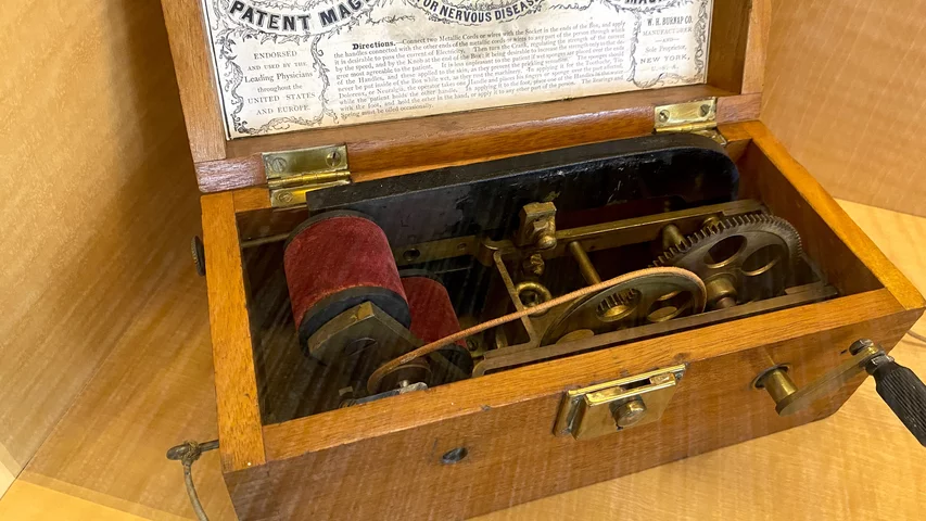 Americans' fascination with the mystery and promise of electricity made medical electric devices popular during the 19th century. The Davis &amp; Kidder Patent Magneto-Electric Machine for Nervous Diseases was a device that when the crank was turned gave anyone holding the electrodes a high-frequency current. The makers claimed it relieved pain and cured numerous diseases, including cancer, tuberculosis, diabetes, gangrene, heart disease. Part of quackery display at the AMA headquarters.