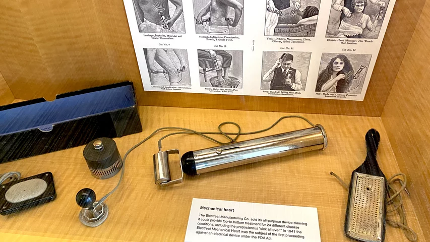 The Electreat Manufacturing Company sold its all-purpose Mechanical Heart device claiming it could provide top-to-bottom treatment for 24 different disease conditions, including the preposterous "sick all over." In 1941, device was the subject of the first proceeding against an electrical device under the FDA Act.Part of quackery, snake oil, medical frauds display at the AMA headquarters.