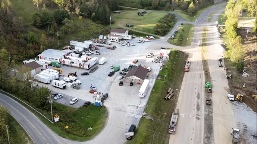 Staging area across the highway from the Baxter North Cove facility , including campers to house workers in efforts to get the site back online. Photo by Aerial Lens
