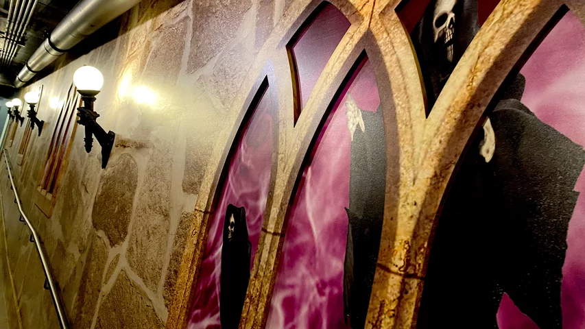 The Dementor tunnel connecting buildings in the Wizards Academy office building complex at Epic. Epic HQ artwork. Photo by Dave Fornell