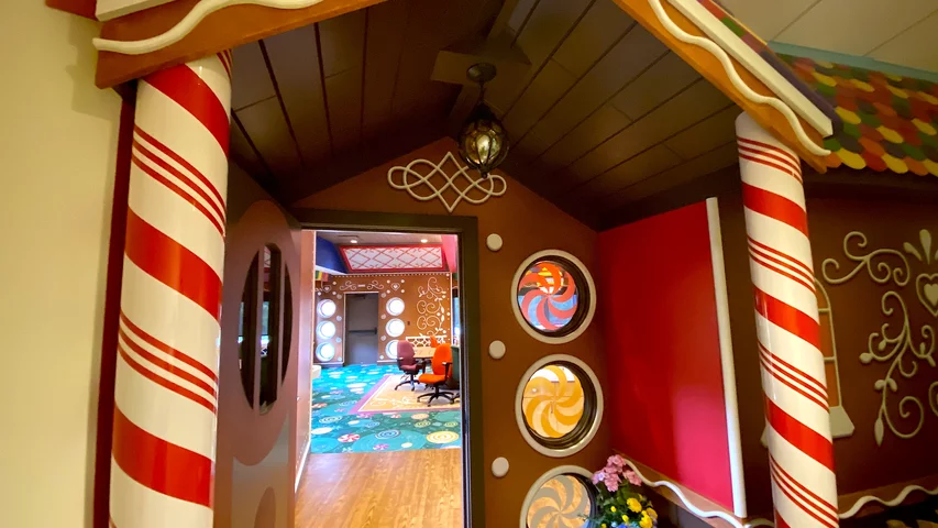 The gingerbread house conferences room interior in the Grimm office building at Epic. Epic HQ artwork. Photo by Dave Fornell