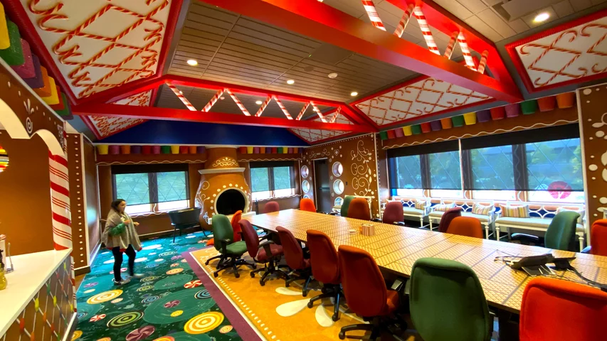 The gingerbread house conferences room interior in the Grimm office building at Epic.Epic HQ artwork. Photo by Dave Fornell