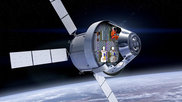Artists rendering of the Artemis I mission Orion space capsule with a cut away showing the two radiation detecting human phantoms. NASA/Lockheed Martin/DLR image