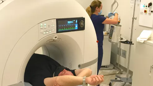 Iodine contrast being loaded into a contrast injector in preparation for a cardiac CT scan at Duly Health and Care in Lisle, Illinois. The contrast shortage is causing some healthcare organizations to postpone exams and procedures and ration contrast supplies. Photo by Dave Fornell