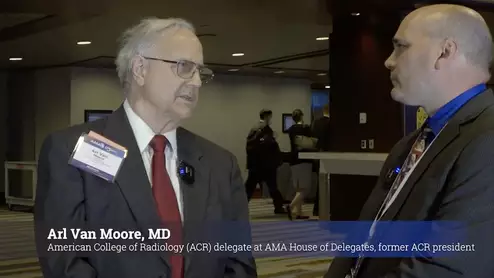 Arl Van Moore, MD, American College of Radiology (ACR) delegate to the American Medical Association (AMA) House of Delegates, former ACR president, chairman of the ACR Board and former CEO of Strategic Radiology, discusses two radiology related policy decisions at the AMA 2022 meeting. These included a AMA policy on the iodine contrast shortage and AUC CDS. #AMA #AMA22 #AMAmtg #AMA175 #ACR