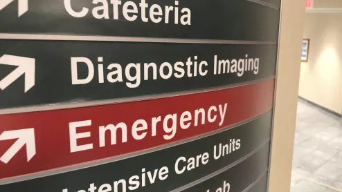 Diagnostic imaging radiology and the emergency room direction signs at Northwestern Medicine Central DuPage Hospital in the Chicago western suburbs.