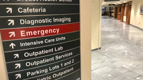 Diagnostic imaging radiology and the emergency room direction signs at Northwestern Medicine Central DuPage Hospital in the Chicago western suburbs.