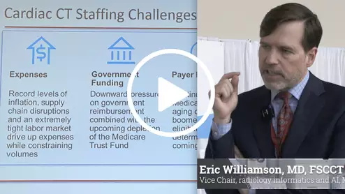 Former SCCT president Eric Williamson, MD, FSCCT, vice chair for radiology informatics and AI at Mayo Clinic, presented the session one staffing challenges and provided insights into recruitment and retention strategies for physicians and technologists in the field. #SCCT #SCCT23 #SCCT2023 #cardiovascularbusiness
