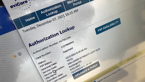 Prior authorization documentation in the Konica Minolta Exa PACS. The AMA wants to make insurance p[roviders liable for patient harm caused by prior authorization delays or denials. Photo by Dave Fornell