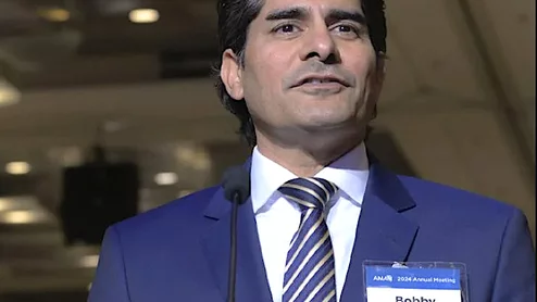 The American Medical Association (AMA) House of Delegates today elected Bobby Mukkamala, MD, an otolaryngologist from Flint, Michigan, as president-elect of the AMA for the 2025-2026 term. Mukkamala will be inaugurated as AMA president in June 2025. Photo courtesy of the AMA
