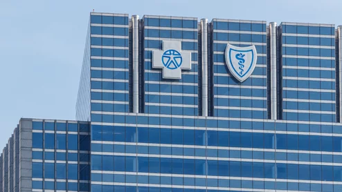 Chicago - Circa May 2018: Blue Cross Blue Shield headquarters signage and logo.