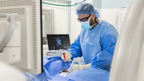 Interventional radiologist radiology IR genicular artery embolization surgery. Images courtesy of the University of Chicago Medicine