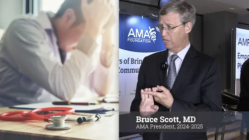American Medical Association (AMA) President Bruce Scott, MD, an otolaryngologist in Louisville, Kentucky, explains some of the key issues facing physicians, including burnout, growing medical staffing shortages, declining numbers of doctors in rural areas, increasing numbers of patients, large medical education debt payments, the lack of residency positions to train new doctors, and declining Medicare payments, which have declined 33% since 2000. Scott said these issues are also interrelated.