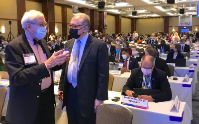 Members of the American College of Radiology (ACR) delegation talk prior to the start of the AMA House of Delegates Monday. #AMA #AMA22 #AMA2022 #AMA175 #AMAmtg