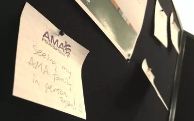 A note posted on a message board in the booth of the AMA Foundation, saying is it good to be back in person at the AMA House of Delegates meeting after two years of COVID. #AMA #AMA22 #AMA2022 #AMA175 #AMAmtg