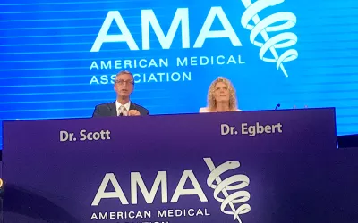 Speaker of the AMA House of Delegates Bruce A. Scott, MD, a specialist in otolaryngology, and Vice Speaker Lisa Bohman Egbert, MD, a specialist in obstetrics and gynecology leading the house discussion on scores of new AMA policy resolutions at the 2022 meeting in Chicago. #AMA #AMA22 #AMA2022 #AMA175 #AMAmtg