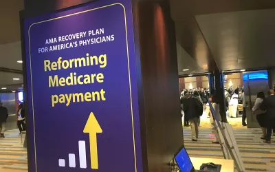 The common area outside the AMA House of Delegates meeting hall included several posters that note some of the key policies of the American Medical Association, including fighting reductions in Medicare reimbursements. The AMA actively lobbies Congress to prevent cuts and support physicians. AMA #AMA22 #AMA2022 #AMA175 #AMAmtg