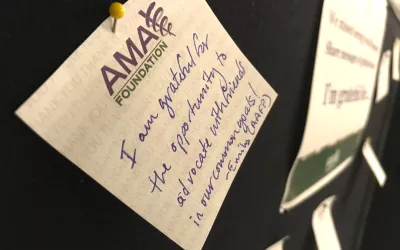 A note posted on a message board in the booth of the AMA Foundation at the AMA House of Delegates meeting. AMA #AMA22 #AMA2022 #AMA175 #AMAmtg