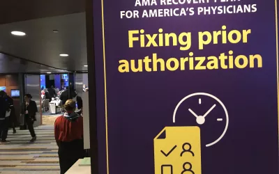 A couple resolutions at the 2022  AMA meeting addressed prior authorization issues. This topic was among the posters in the common area outside the AMA House of Delegates meeting hall that note some of the key policies of the American Medical Association. AMA #AMA22 #AMA2022 #AMA175 #AMAmtg