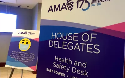 Signs at the entry into the American Medical Association (AMA) annual House of Delegates (HOD) meeting in Chicago June 10-16, 2022. It is the first in-person AMA meeting in two and a half years, so the agenda was very full. The meeting had some of the strictest COVID guidelines for a medical conference to prevent any cases at this key healthcare leadership meeting. #AMA #AMA22 #AMA2022 #AMA175 #AMAmtg