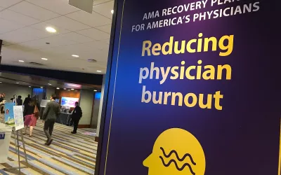 The common area outside the AMA House of Delegates meeting hall included several posters that note some of the key policies of the American Medical Association, including fighting physician burnout. There were already big issues with clinician and physician burnout prior to COVID, largely driven by inefficiencies with the electronic medical records (EMR), lower reimbursements and increased administrative duties that are not revenue generating. #AMA #AMA22 #AMA2022 #AMA175 #AMAmtg