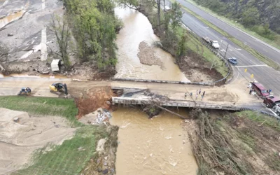 Main bridge access into the facility that was heavily damaged by the flooding. Photo by Aerial Lens.