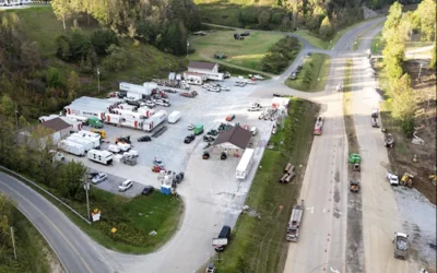 Staging area across the highway from the Baxter North Cove facility , including campers to house workers in efforts to get the site back online. Photo by Aerial Lens