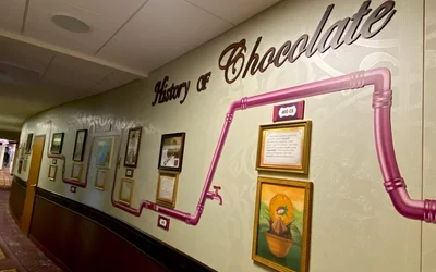 A history of chocolate office hallway in the Chocolate factory office building at Epic. Willy Wonka themed office at Epic HQ. Photo by Dave Fornell