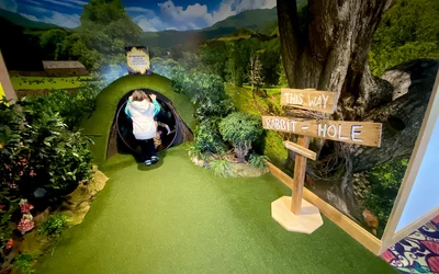 One of two fast slides at Epic. This one is "the rabbit hole" which pops out a floor below. Epic HQ artwork. Photo by Dave Fornell