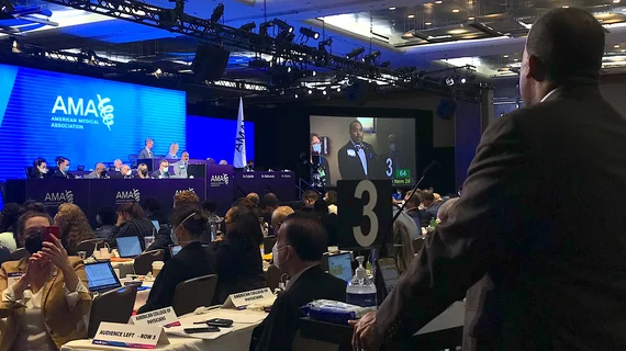 The American Medical Association adopted a policy calling for medical staff to be involved in decisions about adopting artificial intelligence, augmented intelligence (AI) that may impact patient care. AMA House of delegates HOB_2022_DF_podium_10.jpeg